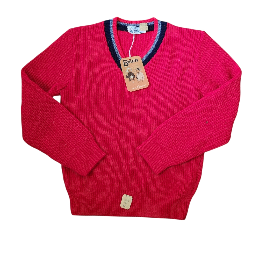 Vibrant Red V-Neck Knit Sweater with Striped Ribbing